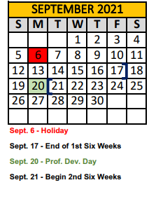 District School Academic Calendar for Crandall Elementary for September 2021