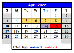 District School Academic Calendar for Early Childhood Ctr for April 2022