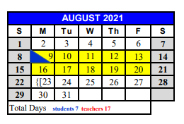 District School Academic Calendar for Early Childhood Ctr for August 2021