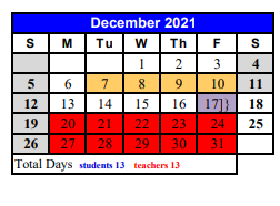 District School Academic Calendar for Crockett Junior High for December 2021