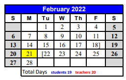 District School Academic Calendar for Crockett Elementary for February 2022