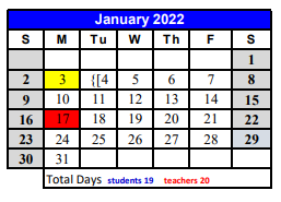 District School Academic Calendar for Early Childhood Ctr for January 2022