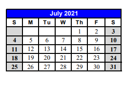 District School Academic Calendar for Early Childhood Ctr for July 2021