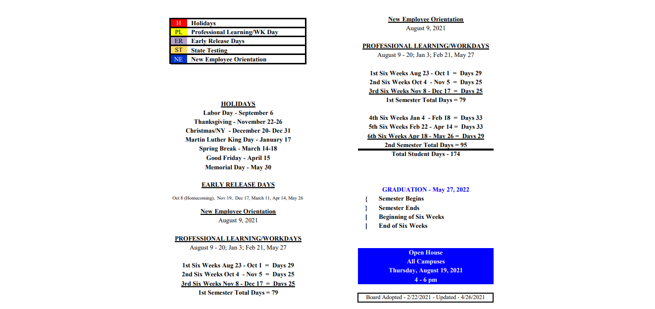 District School Academic Calendar Key for Crockett Intermediate