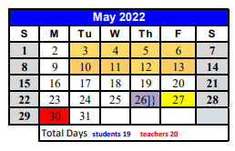 District School Academic Calendar for Crockett Alternative Campus for May 2022