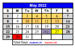 District School Academic Calendar for Early Childhood Ctr for May 2022