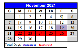 District School Academic Calendar for Crockett Elementary for November 2021