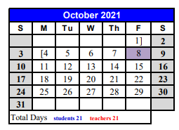 District School Academic Calendar for Crockett Alternative Campus for October 2021