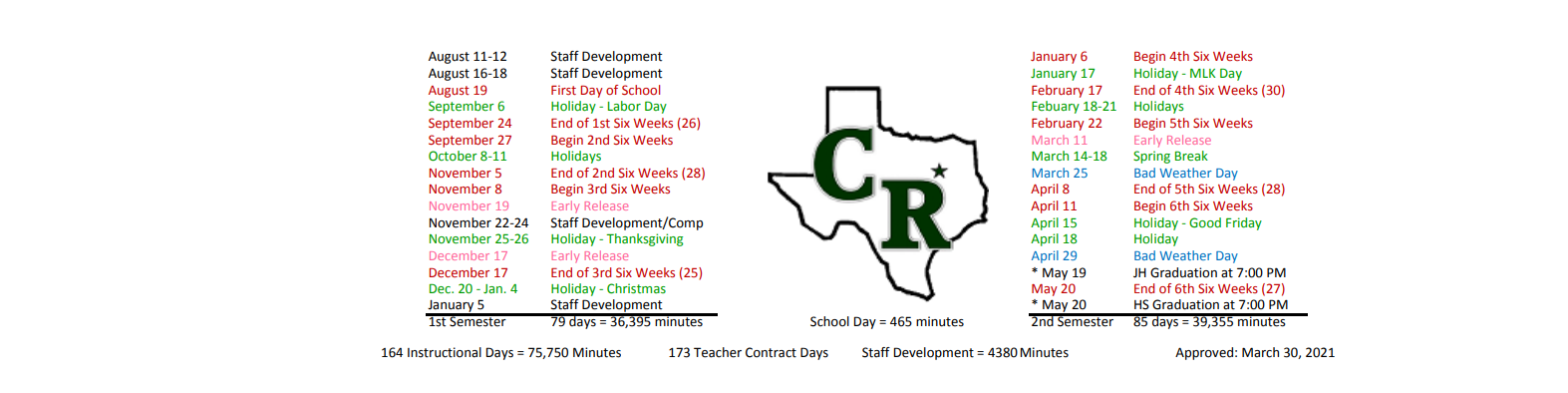 District School Academic Calendar Key for Recovery Education Campus