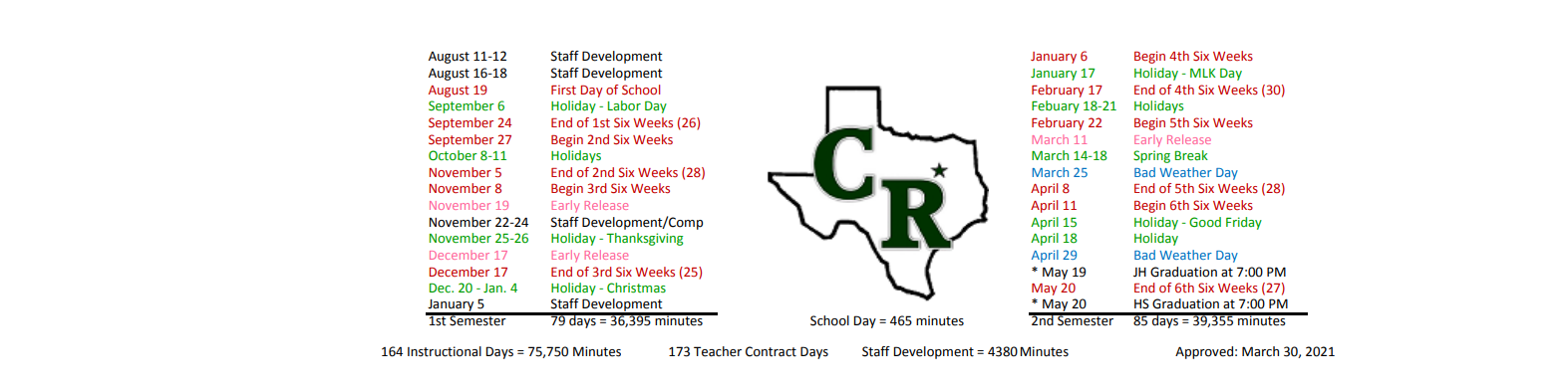 District School Academic Calendar Key for Ralls High School