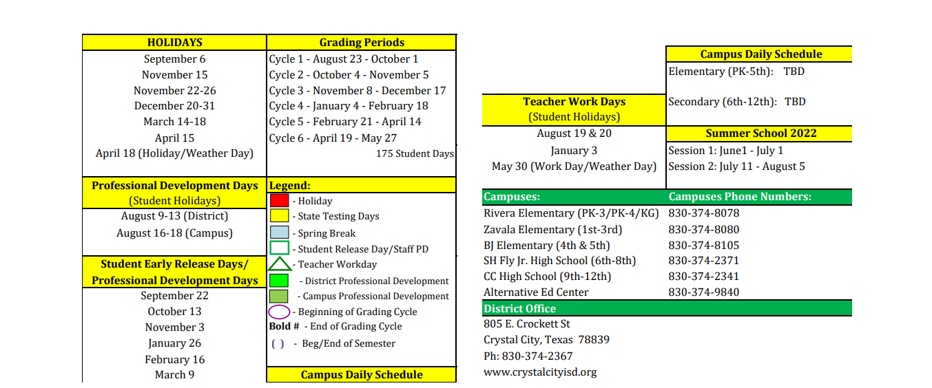 District School Academic Calendar Key for Crystal City High School