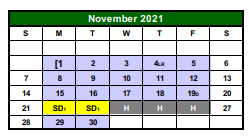 District School Academic Calendar for G O A L S Program for November 2021