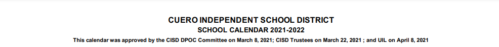 District School Academic Calendar for Cuero Intermediate School