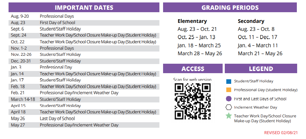 District School Academic Calendar Key for Danish Elementary School