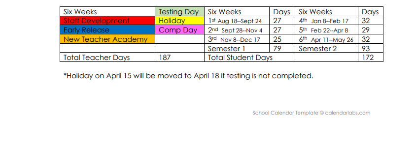 District School Academic Calendar Key for Dalhart Elementary