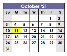District School Academic Calendar for X I T Secondary School for October 2021