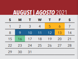 District School Academic Calendar for Irma Rangel Ywl School for August 2021