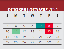 District School Academic Calendar for Irma Rangel Ywl School for October 2021