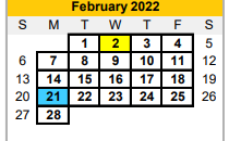 District School Academic Calendar for Brazoria Co J J A E P for February 2022