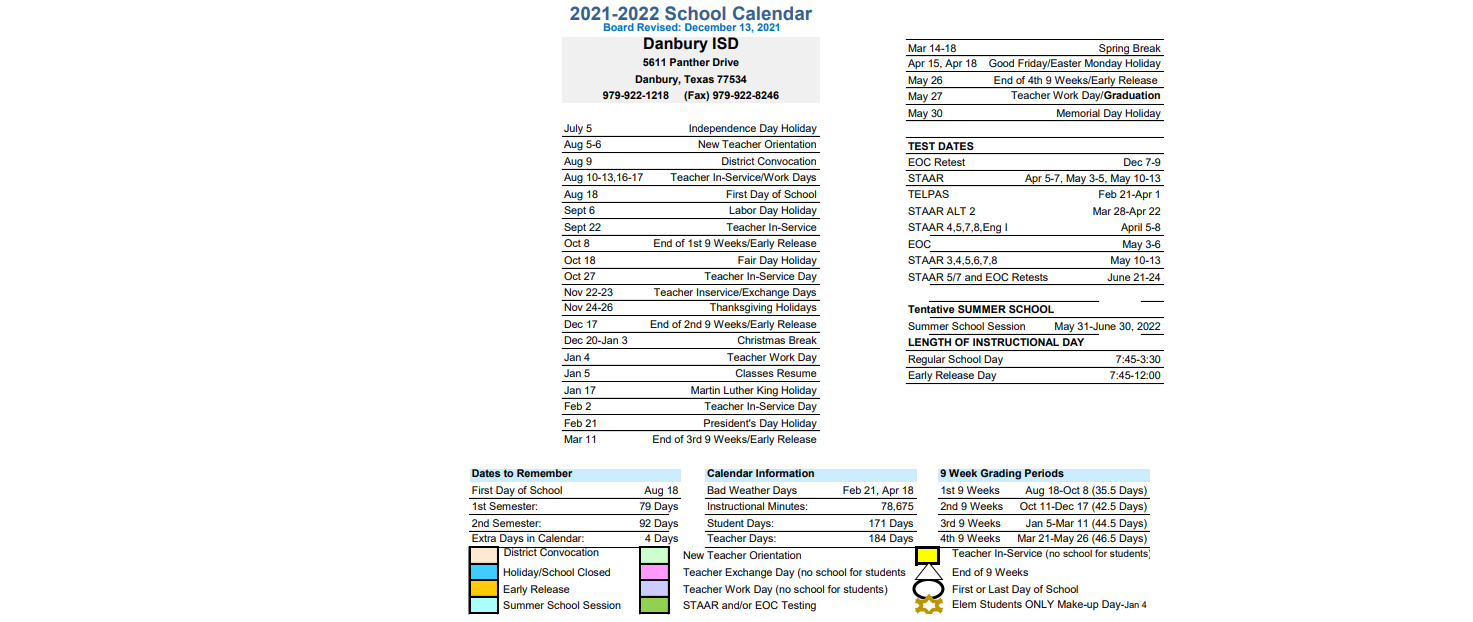 District School Academic Calendar Key for Danbury Middle