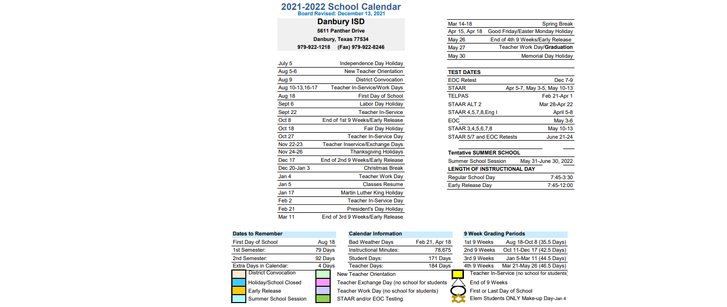 District School Academic Calendar Key for Brazoria Co J J A E P