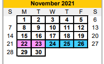 District School Academic Calendar for Brazoria Co J J A E P for November 2021