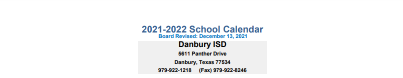 District School Academic Calendar for Danbury Elementary