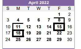 District School Academic Calendar for Colbert El for April 2022