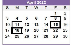 District School Academic Calendar for Hardin/chambers Ctr for April 2022