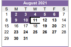 District School Academic Calendar for Hardin/chambers Ctr for August 2021