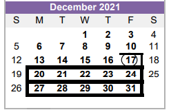 District School Academic Calendar for Wilson J H for December 2021