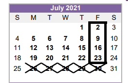 District School Academic Calendar for Hardin/chambers Ctr for July 2021