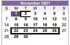 District School Academic Calendar for Hardin/chambers Ctr for November 2021