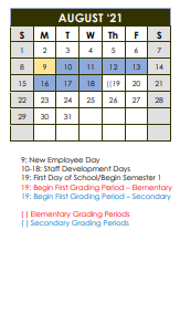 District School Academic Calendar for Perkins Middle for August 2021