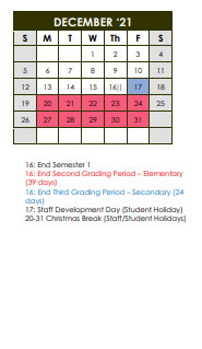 District School Academic Calendar for De Leon High School for December 2021