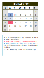 District School Academic Calendar for De Leon High School for January 2022