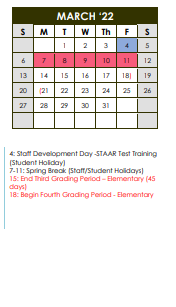 District School Academic Calendar for De Leon Elementary for March 2022