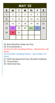 District School Academic Calendar for Perkins Middle for May 2022