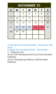 District School Academic Calendar for Perkins Middle for November 2021