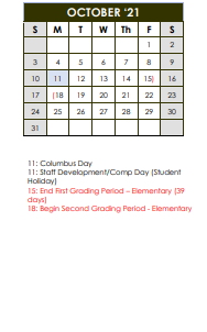 District School Academic Calendar for De Leon Elementary for October 2021