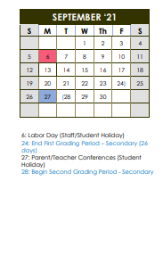 District School Academic Calendar for Perkins Middle for September 2021