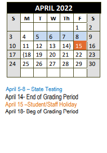 District School Academic Calendar for Carson Elementary for April 2022