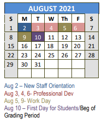 District School Academic Calendar for Carson Elementary for August 2021