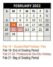 District School Academic Calendar for Decatur H S for February 2022