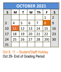 District School Academic Calendar for Decatur H S for October 2021