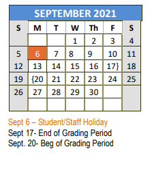 District School Academic Calendar for Carson Elementary for September 2021