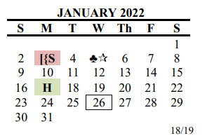 District School Academic Calendar for Travis Co J J A E P for January 2022