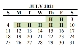 District School Academic Calendar for Hillcrest Elementary School for July 2021