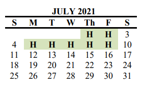 District School Academic Calendar for Del Valle Elementary School for July 2021