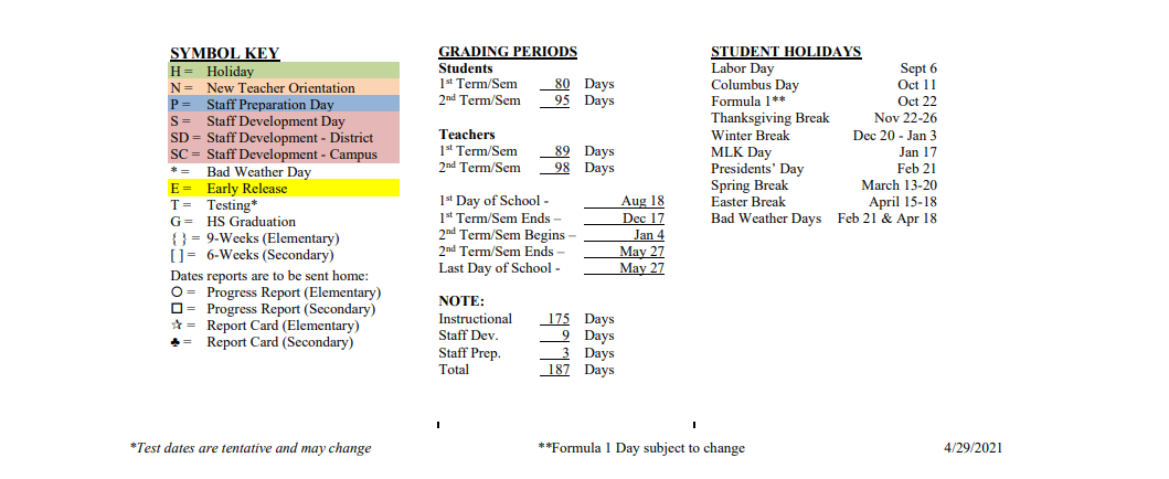 District School Academic Calendar Key for Smith Elementary